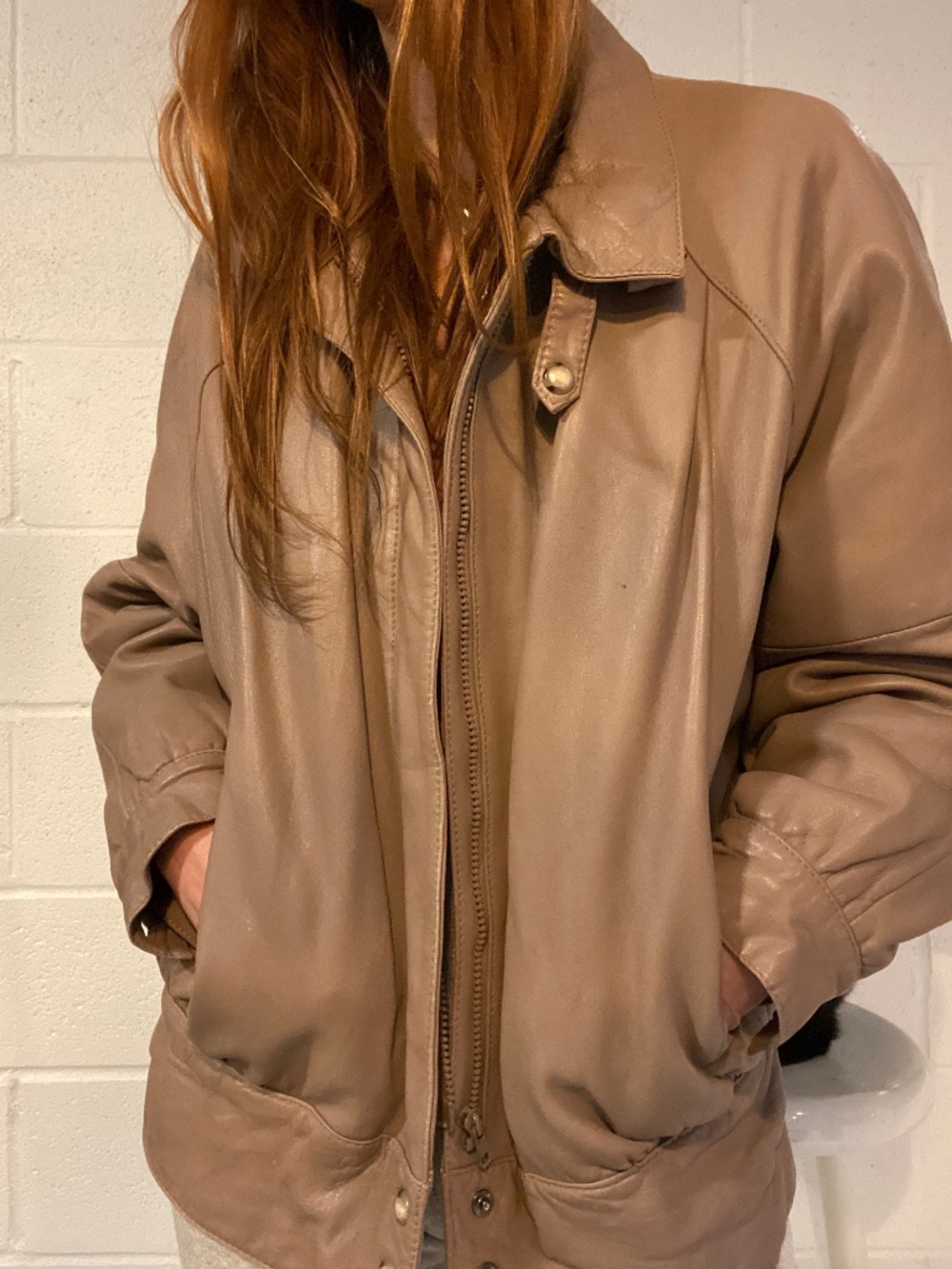 Mushroom grey and dusty rose vintage leather jacket